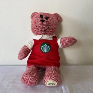 Starbucks Bearista Bear in Red Apron Herringbone 10" Stuffed Animal 2016